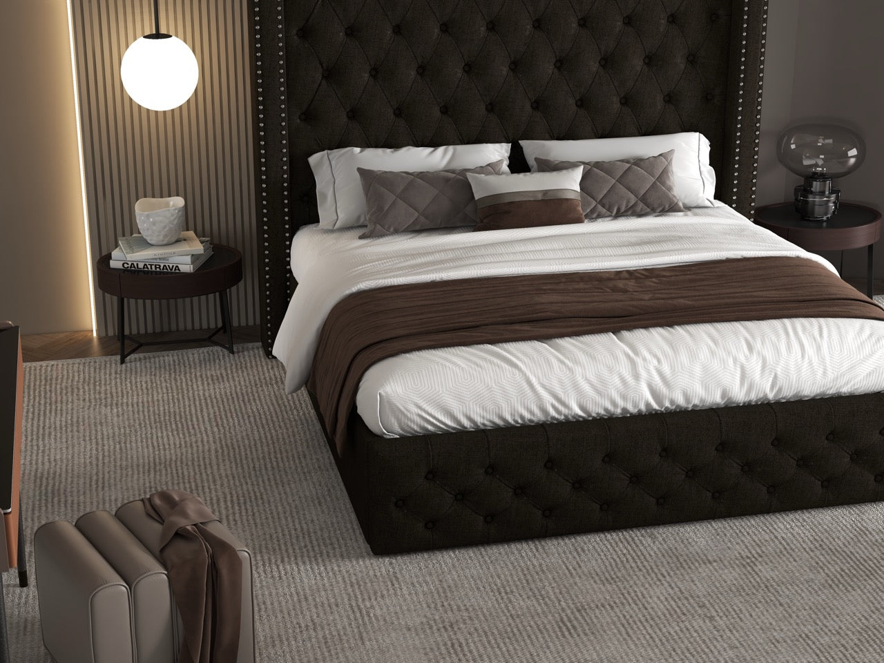 Pat dormitor dumonde, tapitat maro, Luxory 160x200 cm, somiera inclusa, spatiu depozitare WLS