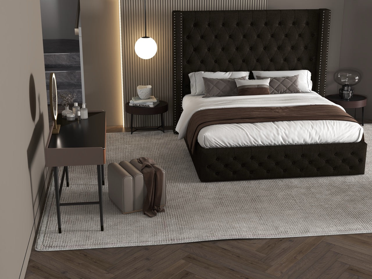Pat dormitor dumonde, tapitat maro, Luxory 160x200 cm, somiera inclusa, spatiu depozitare WLS