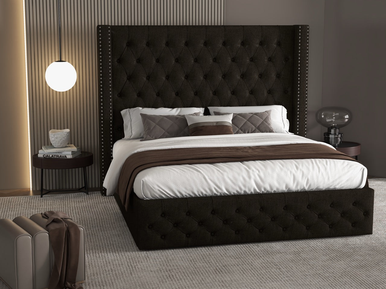 Pat dormitor dumonde, tapitat maro, Luxory 160x200 cm, somiera inclusa, spatiu depozitare WLS
