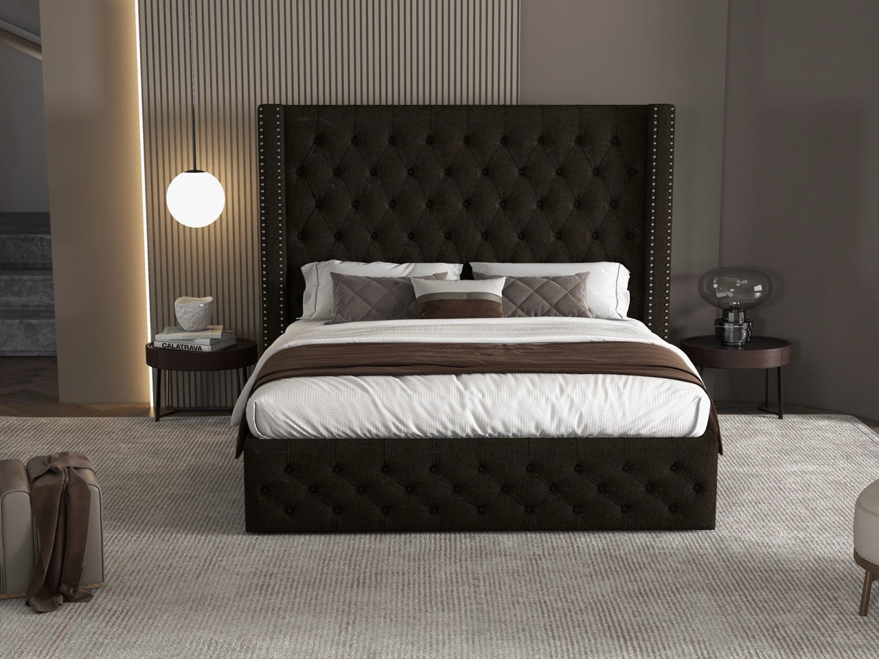 Pat dormitor dumonde, tapitat maro, Luxory 160x200 cm, somiera inclusa, spatiu depozitare WLS