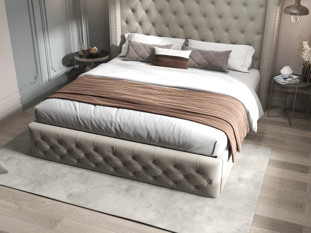 Pat dormitor dumonde, tapitat bej, Luxory 180x200 cm, somiera rabatabila inclusa, spatiu depozitare