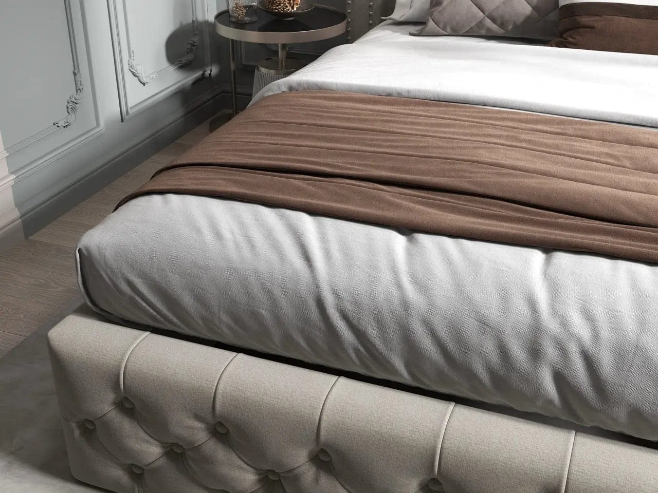 Pat dormitor dumonde, tapitat bej, Luxory 180x200 cm, somiera rabatabila inclusa, spatiu depozitare