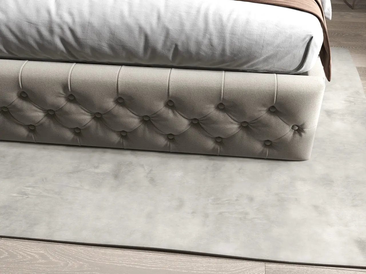 Pat dormitor dumonde, tapitat bej, Luxory 180x200 cm, somiera rabatabila inclusa, spatiu depozitare