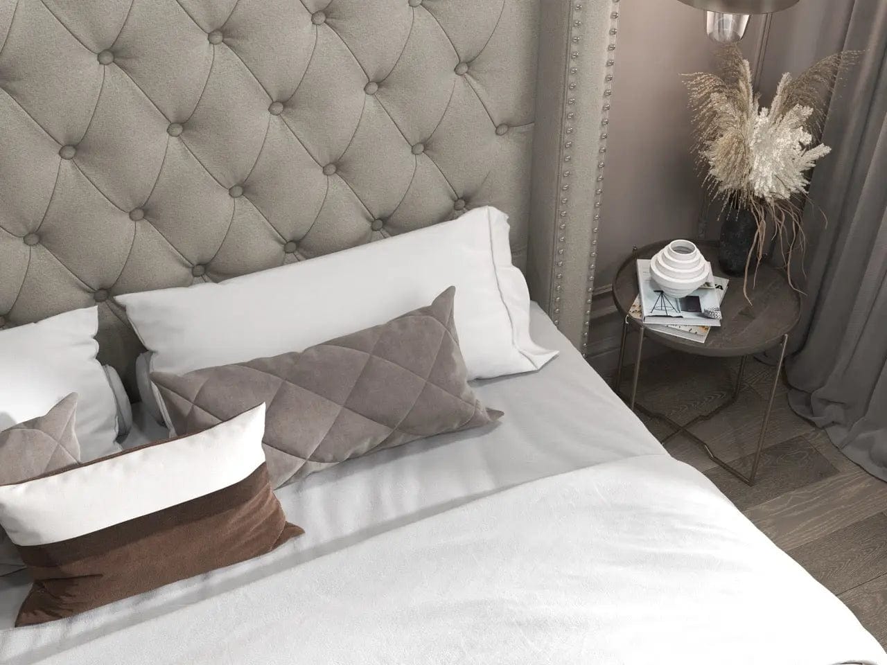 Pat dormitor dumonde, tapitat bej, Luxory 180x200 cm, somiera rabatabila inclusa, spatiu depozitare