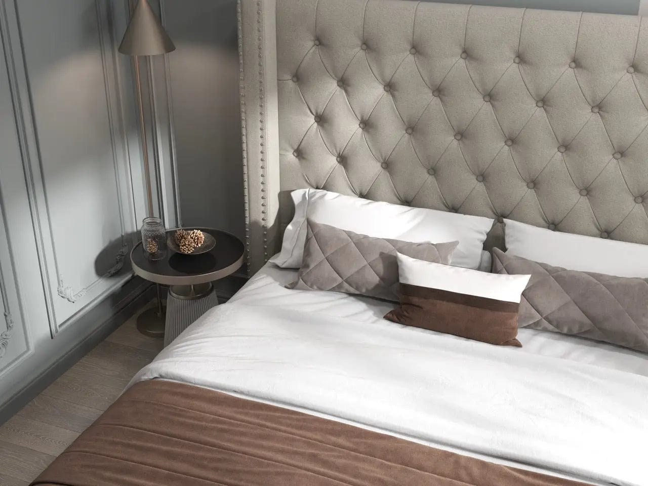 Pat dormitor dumonde, tapitat bej, Luxory 180x200 cm, somiera rabatabila inclusa, spatiu depozitare