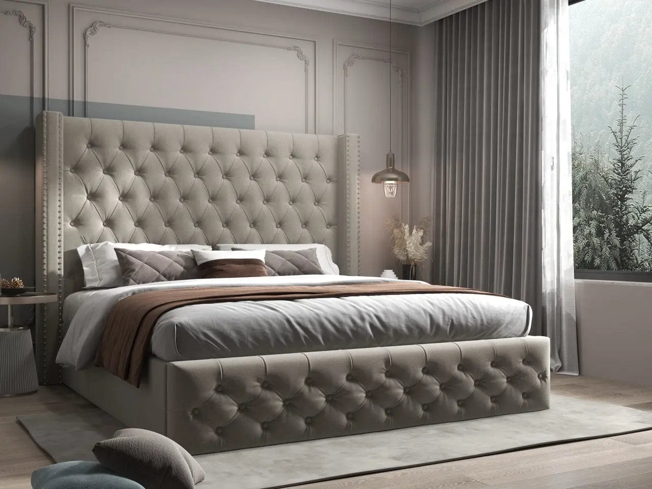 Pat dormitor dumonde, tapitat bej, Luxory 180x200 cm, somiera rabatabila inclusa, spatiu depozitare