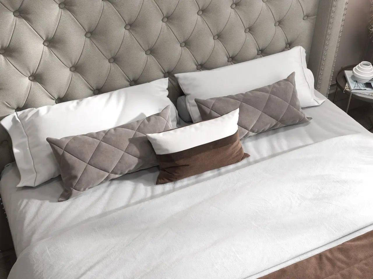 Pat dormitor dumonde, tapitat bej, Luxory 180x200 cm, somiera rabatabila inclusa, spatiu depozitare