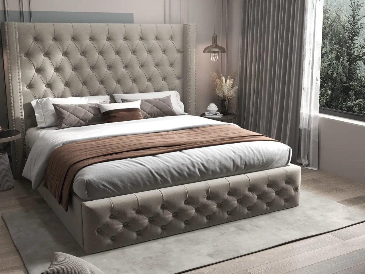 Pat dormitor dumonde, tapitat bej, Luxory 180x200 cm, somiera rabatabila inclusa, spatiu depozitare