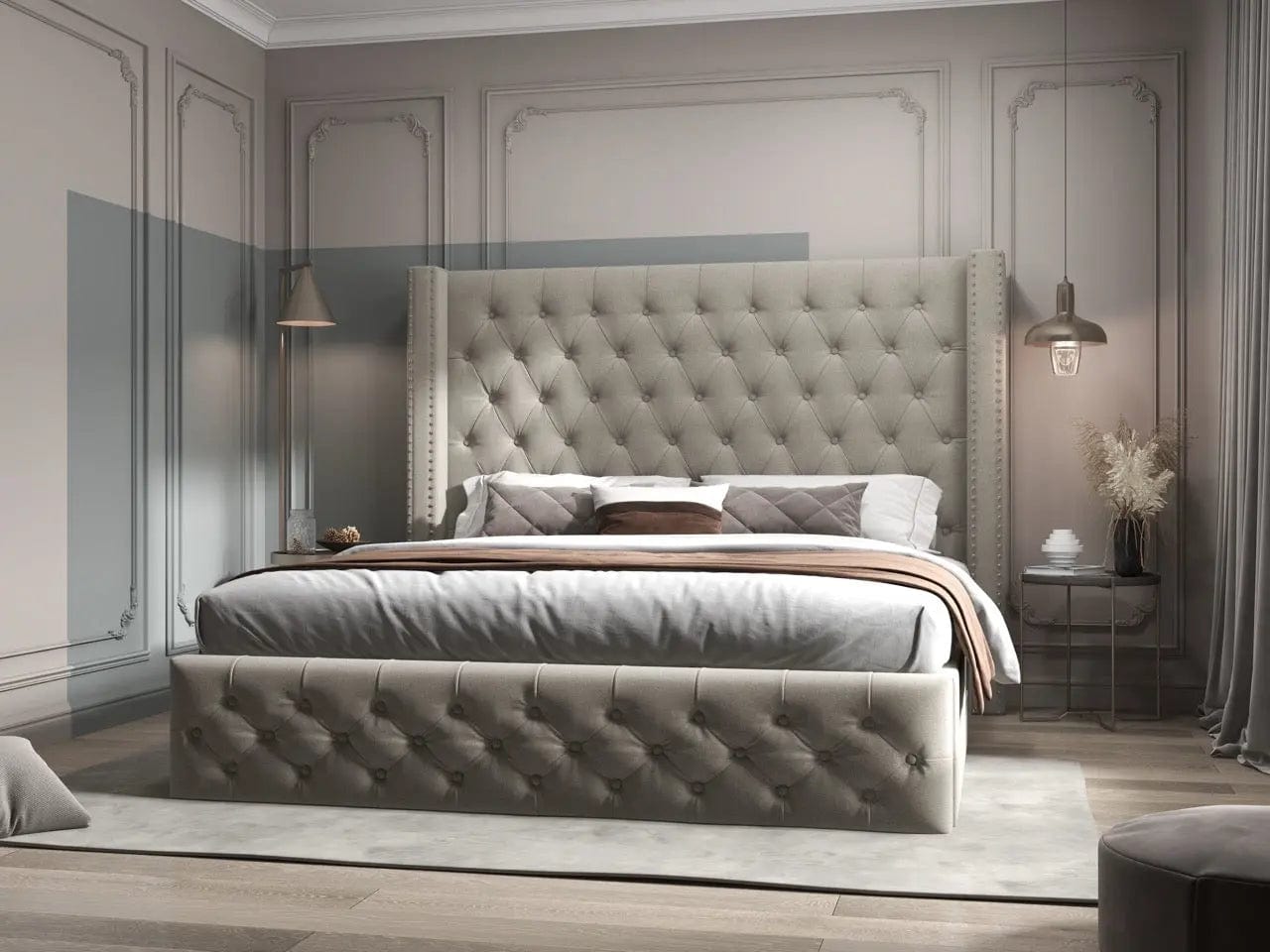 Pat dormitor dumonde, tapitat bej, Luxory 180x200 cm, somiera rabatabila inclusa, spatiu depozitare