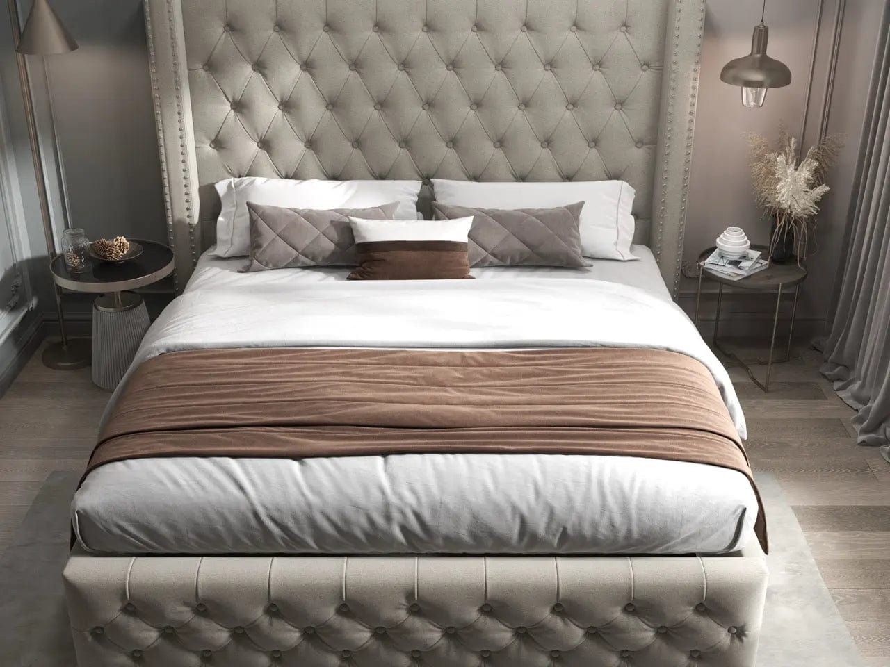 Pat dormitor dumonde, tapitat bej, Luxory 180x200 cm, somiera rabatabila inclusa, spatiu depozitare