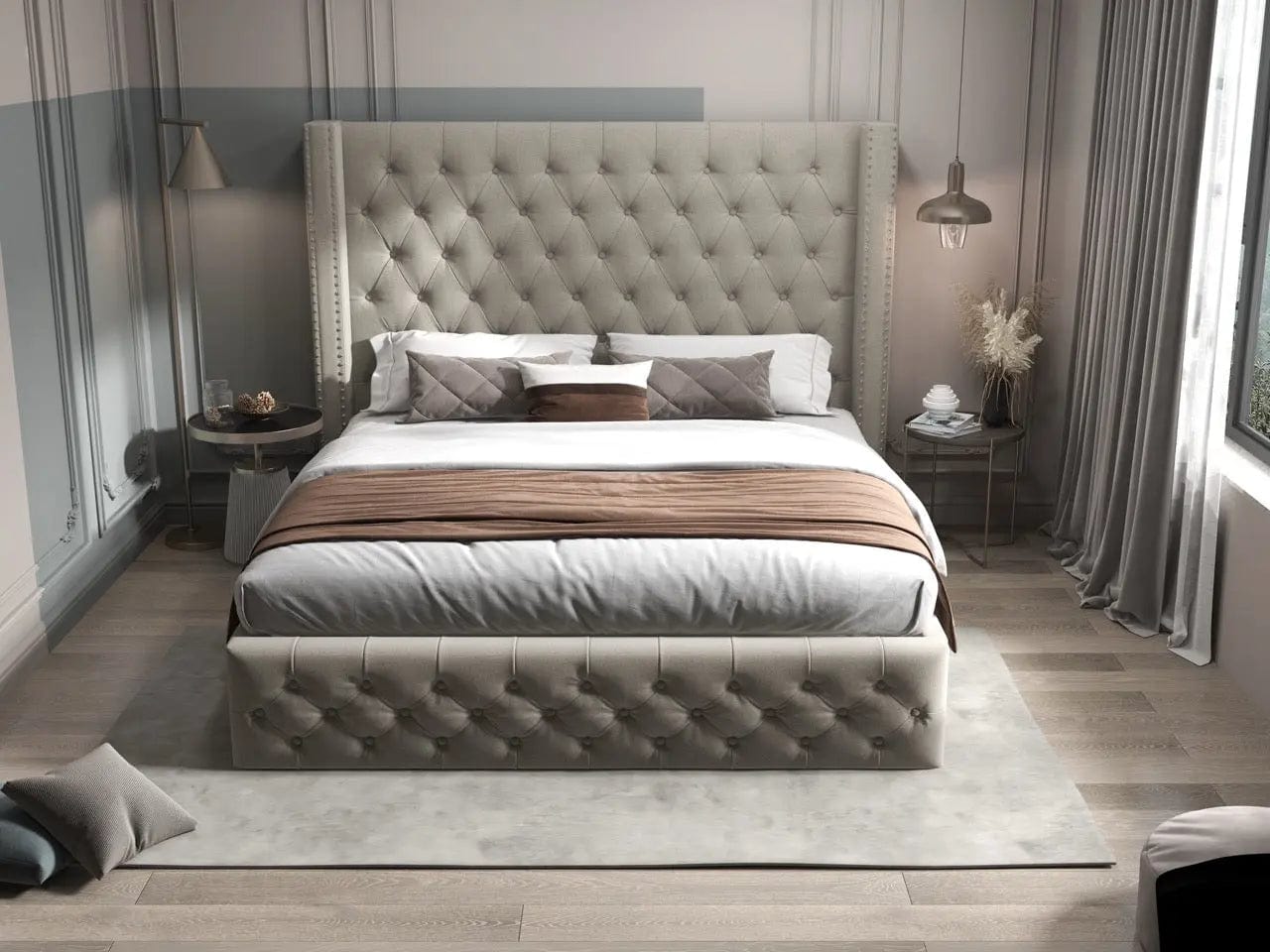 Pat dormitor dumonde, tapitat bej, Luxory 180x200 cm, somiera rabatabila inclusa, spatiu depozitare