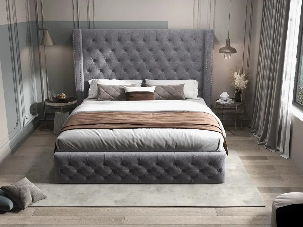 Pat dormitor dumonde, tapitat gri, Luxory 180x200 cm, somiera rabatabila inclusa, spatiu depozitare