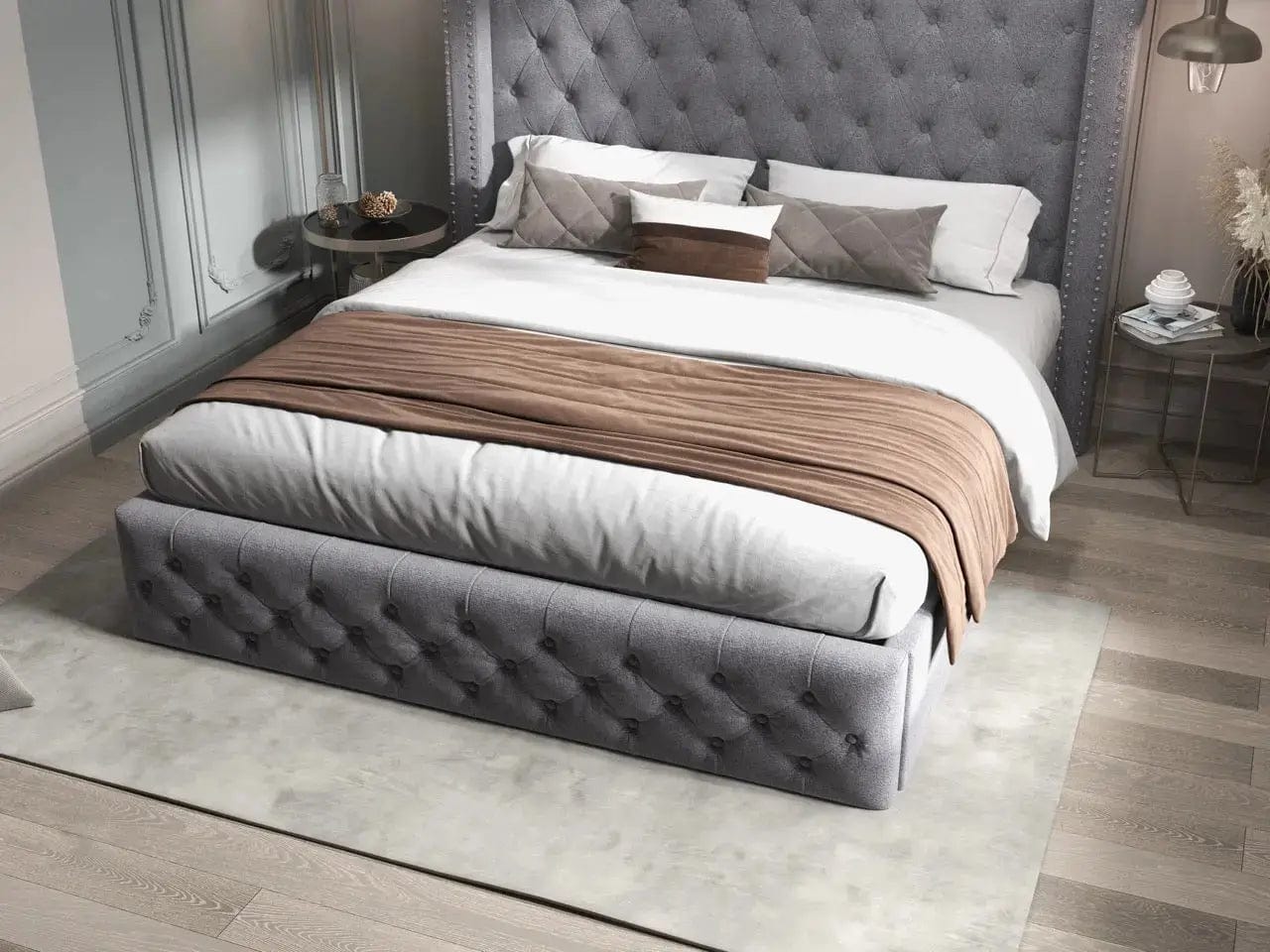 Pat dormitor dumonde, tapitat gri, Luxory 180x200 cm, somiera rabatabila inclusa, spatiu depozitare