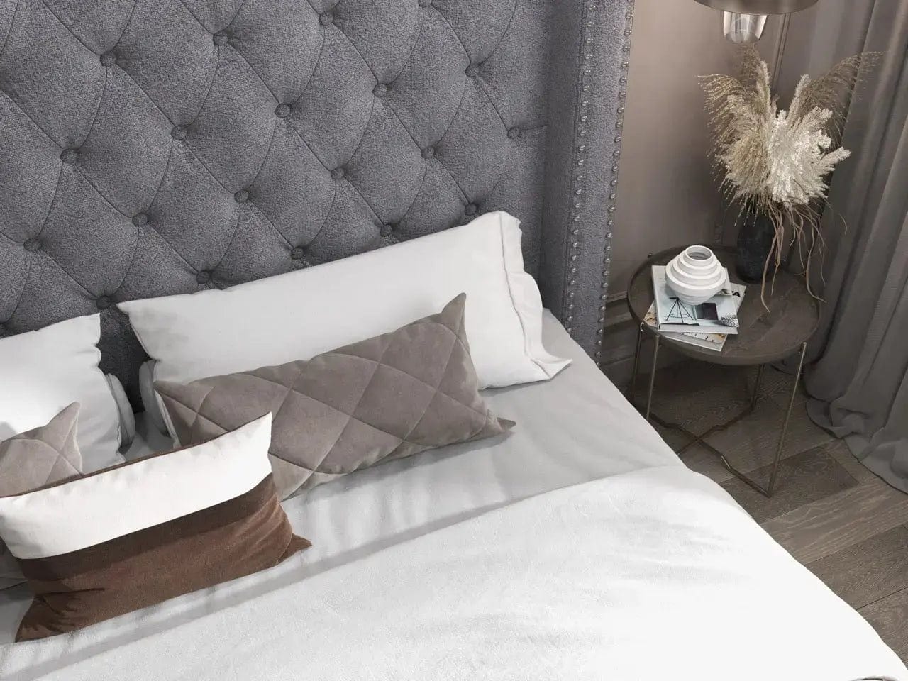 Pat dormitor dumonde, tapitat gri, Luxory 180x200 cm, somiera rabatabila inclusa, spatiu depozitare