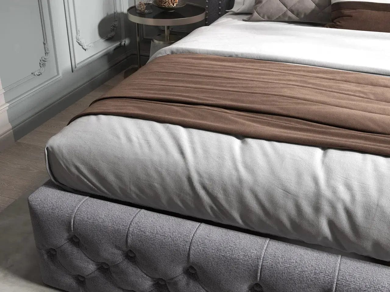 Pat dormitor dumonde, tapitat gri, Luxory 180x200 cm, somiera rabatabila inclusa, spatiu depozitare