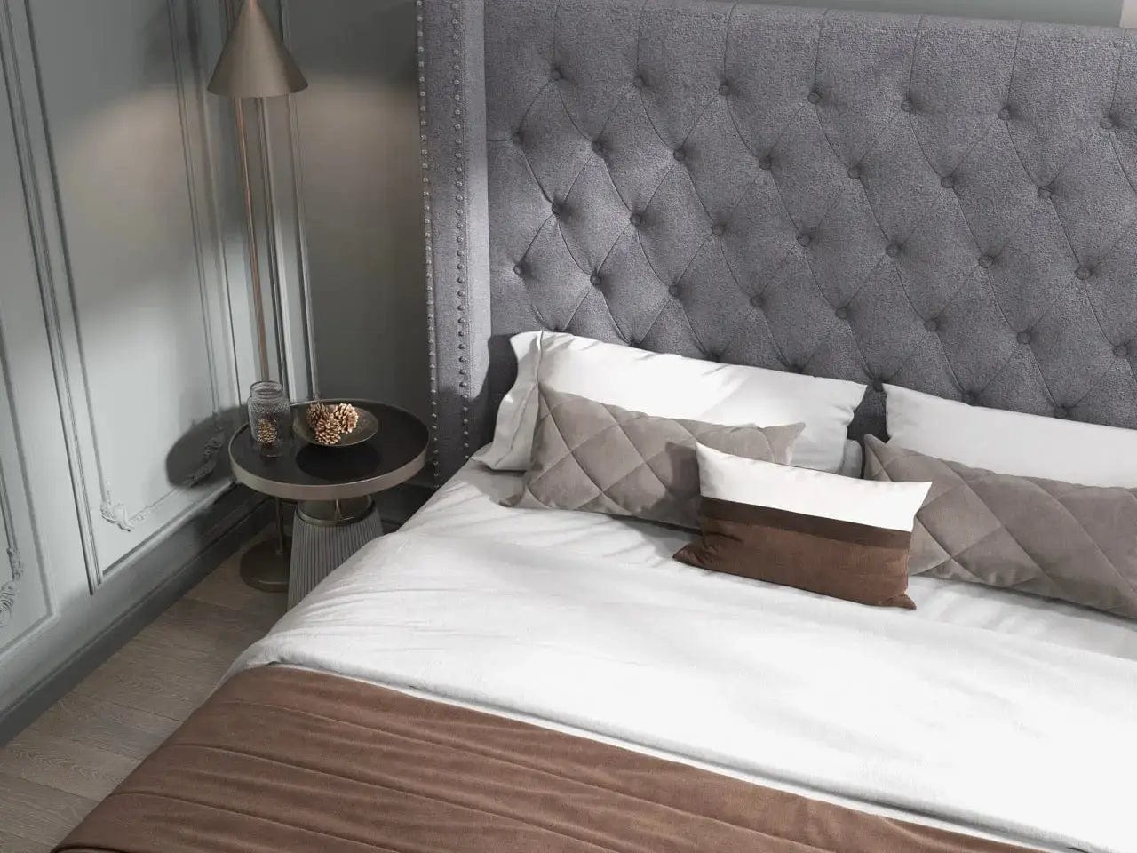 Pat dormitor dumonde, tapitat gri, Luxory 180x200 cm, somiera rabatabila inclusa, spatiu depozitare