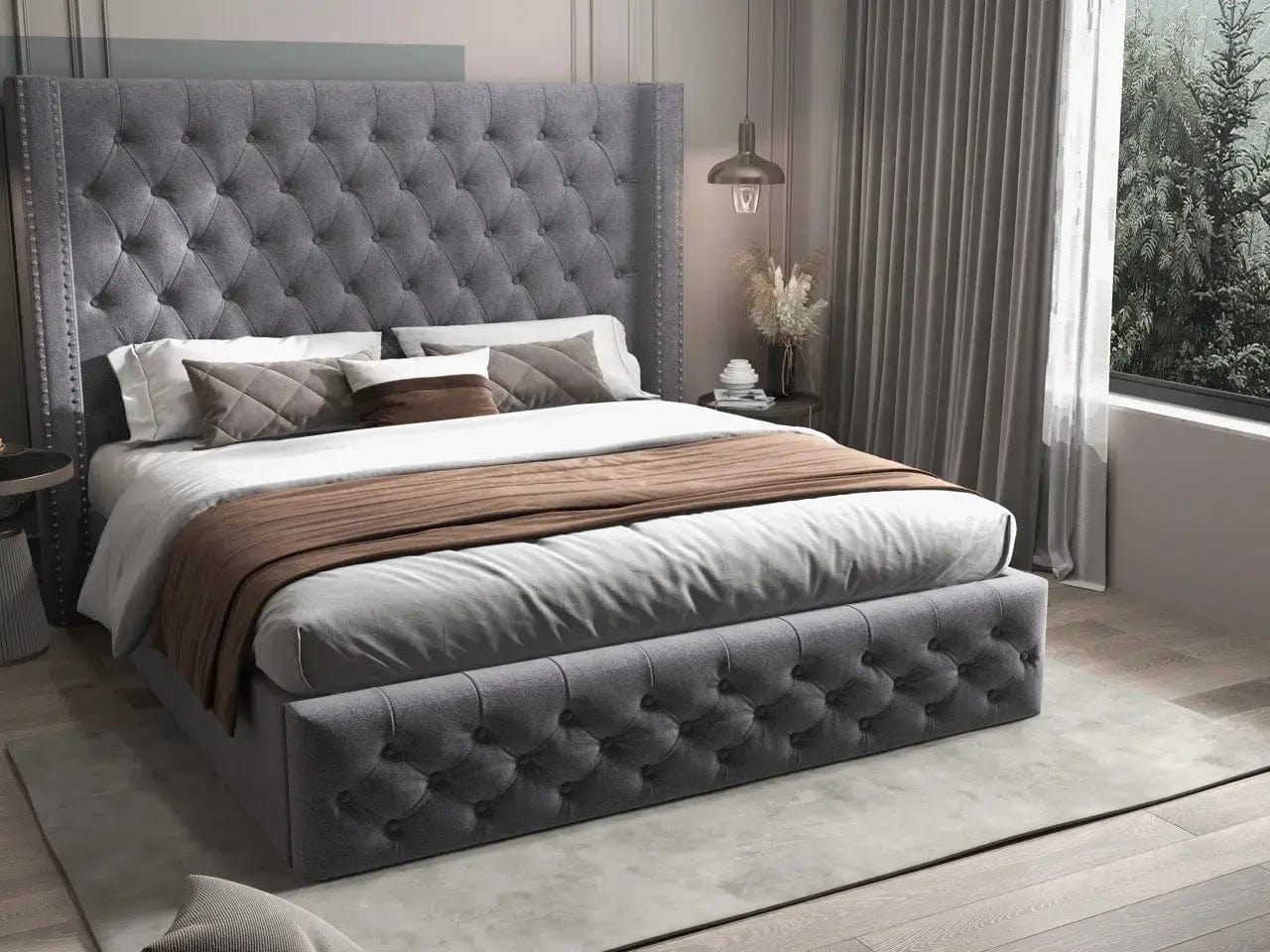 Pat dormitor dumonde, tapitat gri, Luxory 180x200 cm, somiera rabatabila inclusa, spatiu depozitare