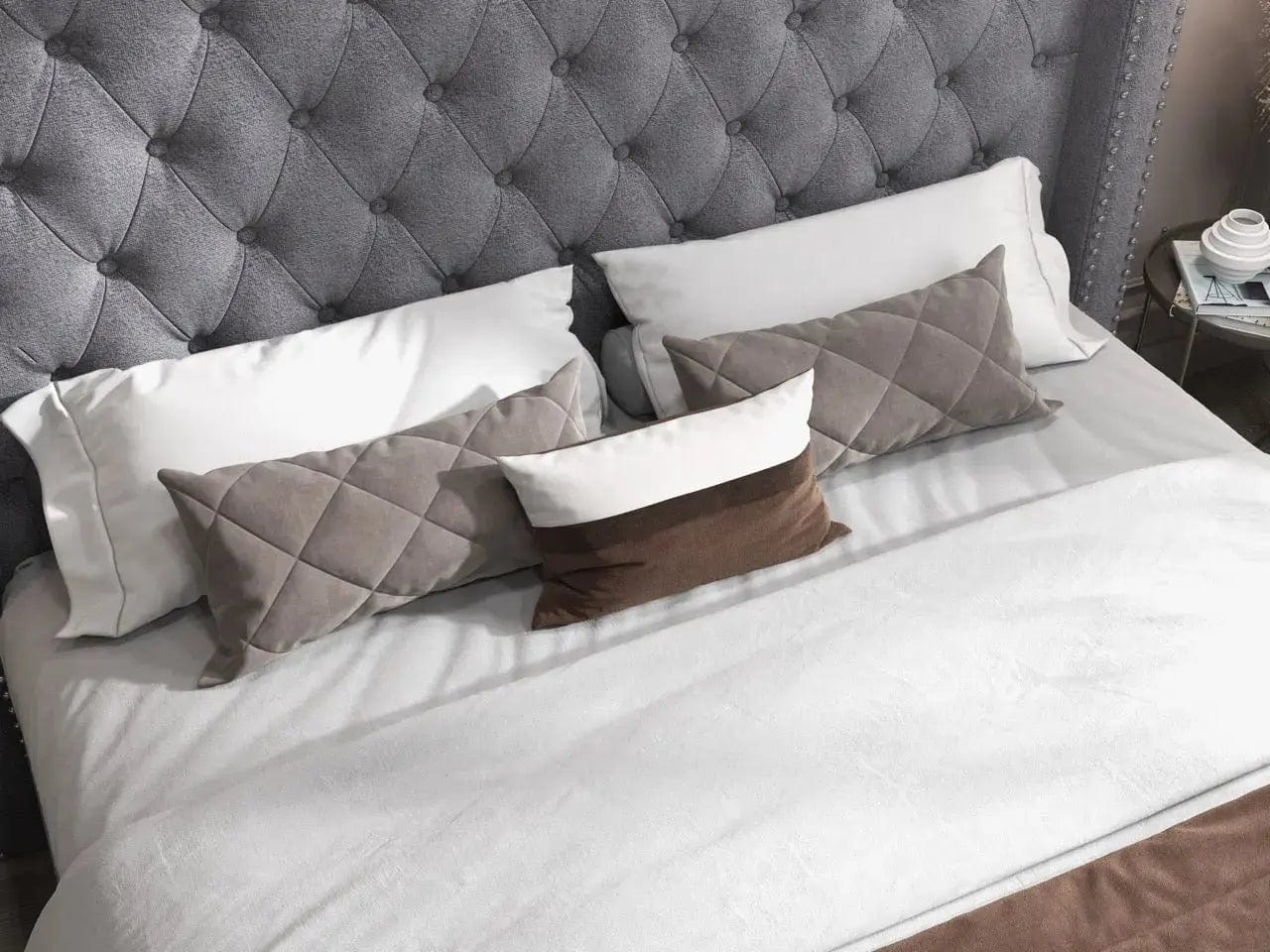 Pat dormitor dumonde, tapitat gri, Luxory 180x200 cm, somiera rabatabila inclusa, spatiu depozitare