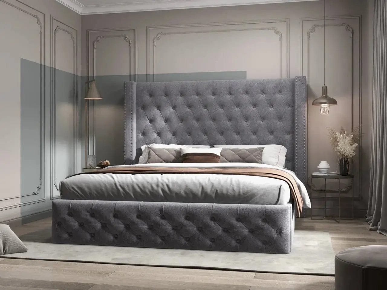 Pat dormitor dumonde, tapitat gri, Luxory 180x200 cm, somiera rabatabila inclusa, spatiu depozitare