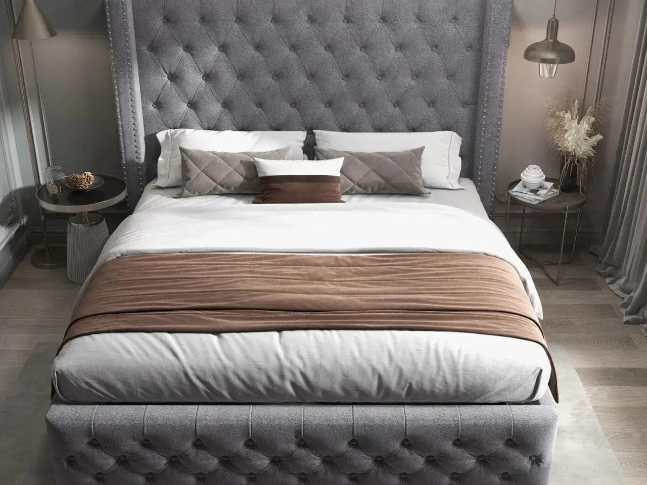 Pat dormitor dumonde, tapitat gri, Luxory 180x200 cm, somiera rabatabila inclusa, spatiu depozitare