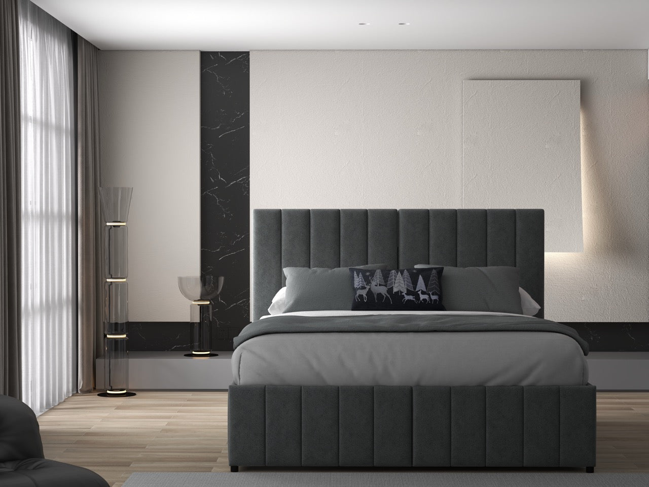 Pat dormitor dumonde, tapitat gri, Santiago 180x200 cm, somiera rabatabila inclusa, spatiu depozitare WLS