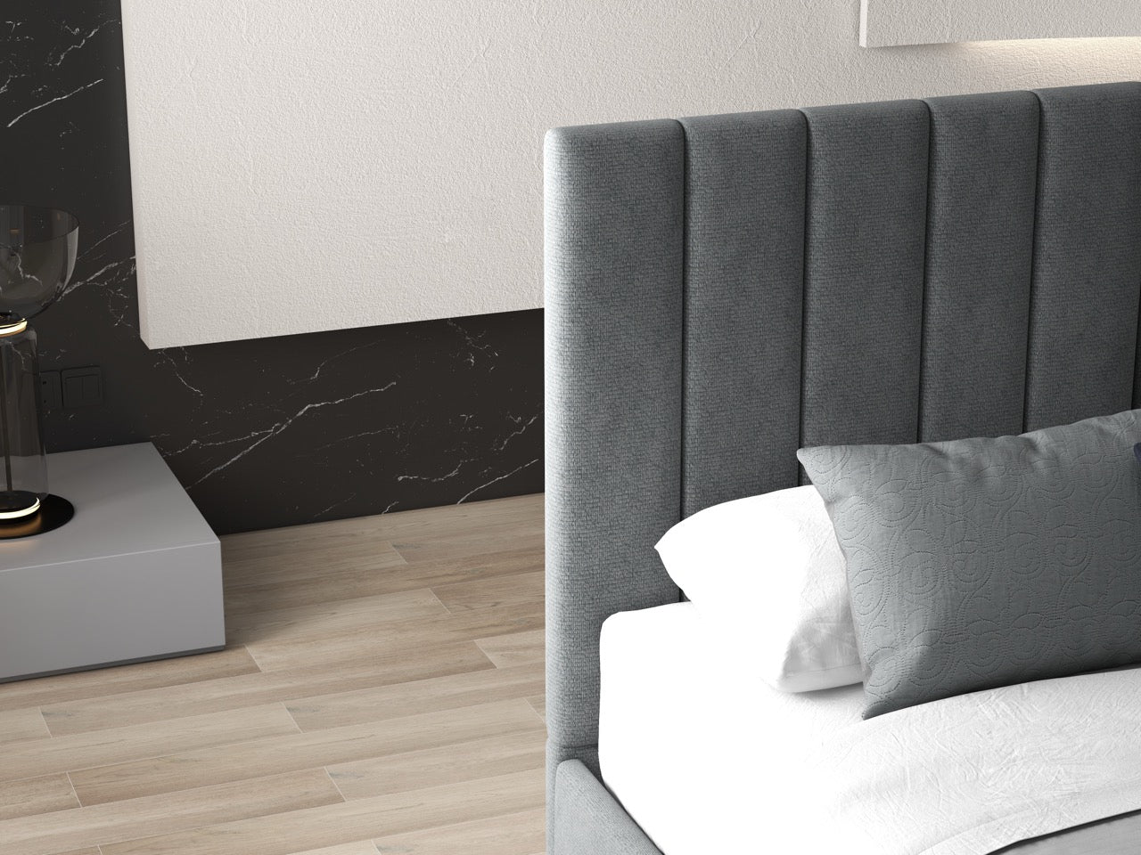 Pat dormitor dumonde, tapitat gri, Santiago 180x200 cm, somiera rabatabila inclusa, spatiu depozitare WLS