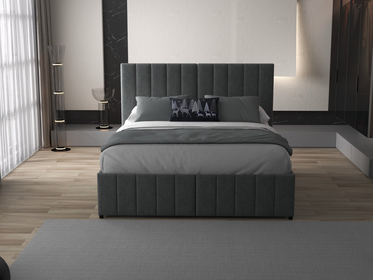 Pat dormitor dumonde, tapitat gri, Santiago 180x200 cm, somiera rabatabila inclusa, spatiu depozitare WLS