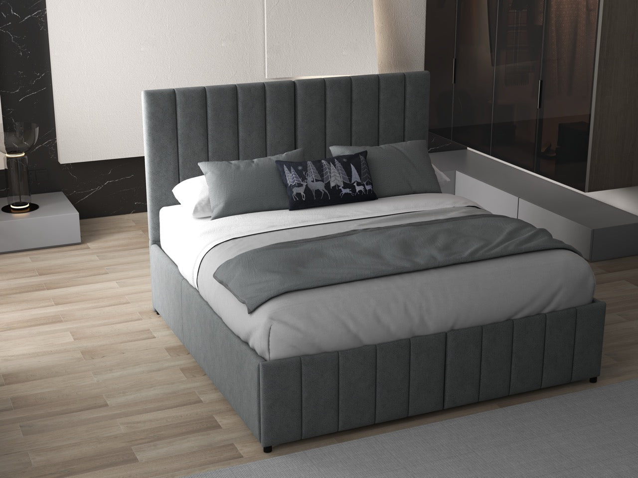 Pat dormitor dumonde, tapitat gri, Santiago 180x200 cm, somiera rabatabila inclusa, spatiu depozitare WLS