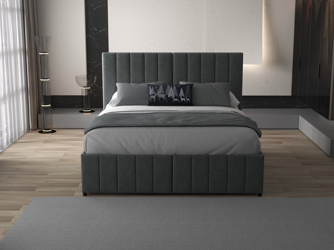 Pat dormitor dumonde, tapitat gri, Santiago 180x200 cm, somiera rabatabila inclusa, spatiu depozitare WLS