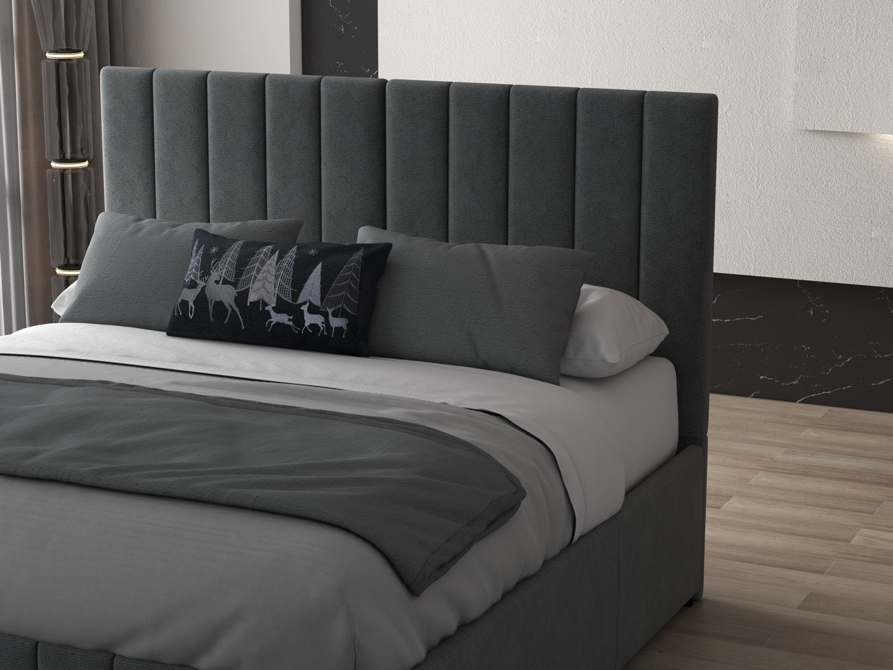 Pat dormitor dumonde, tapitat gri, Santiago 180x200 cm, somiera rabatabila inclusa, spatiu depozitare WLS