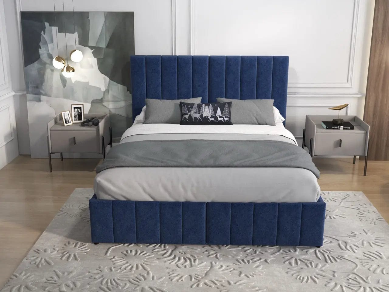 Pat dormitor dumonde, tapitat albastru, Santiago 160x200 cm, somiera rabatabila inclusa, spatiu depozitare