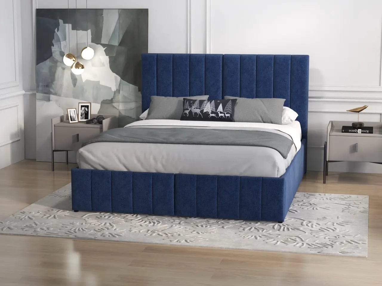 Pat dormitor dumonde, tapitat albastru, Santiago 160x200 cm, somiera rabatabila inclusa, spatiu depozitare