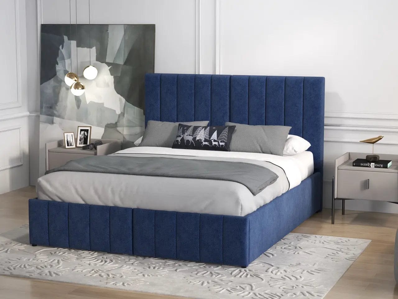 Pat dormitor dumonde, tapitat albastru, Santiago 160x200 cm, somiera rabatabila inclusa, spatiu depozitare