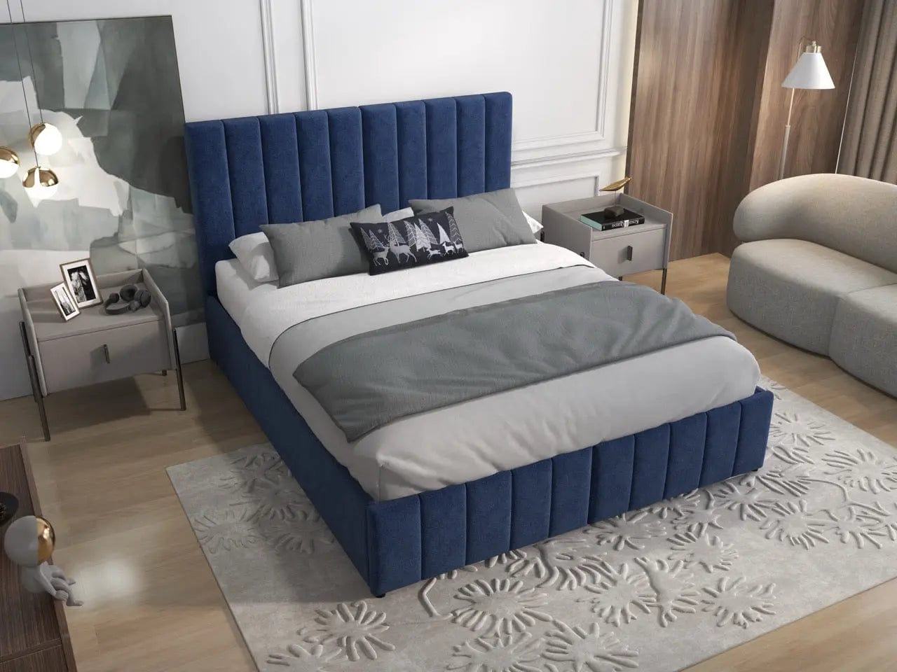 Pat dormitor dumonde, tapitat albastru, Santiago 160x200 cm, somiera rabatabila inclusa, spatiu depozitare