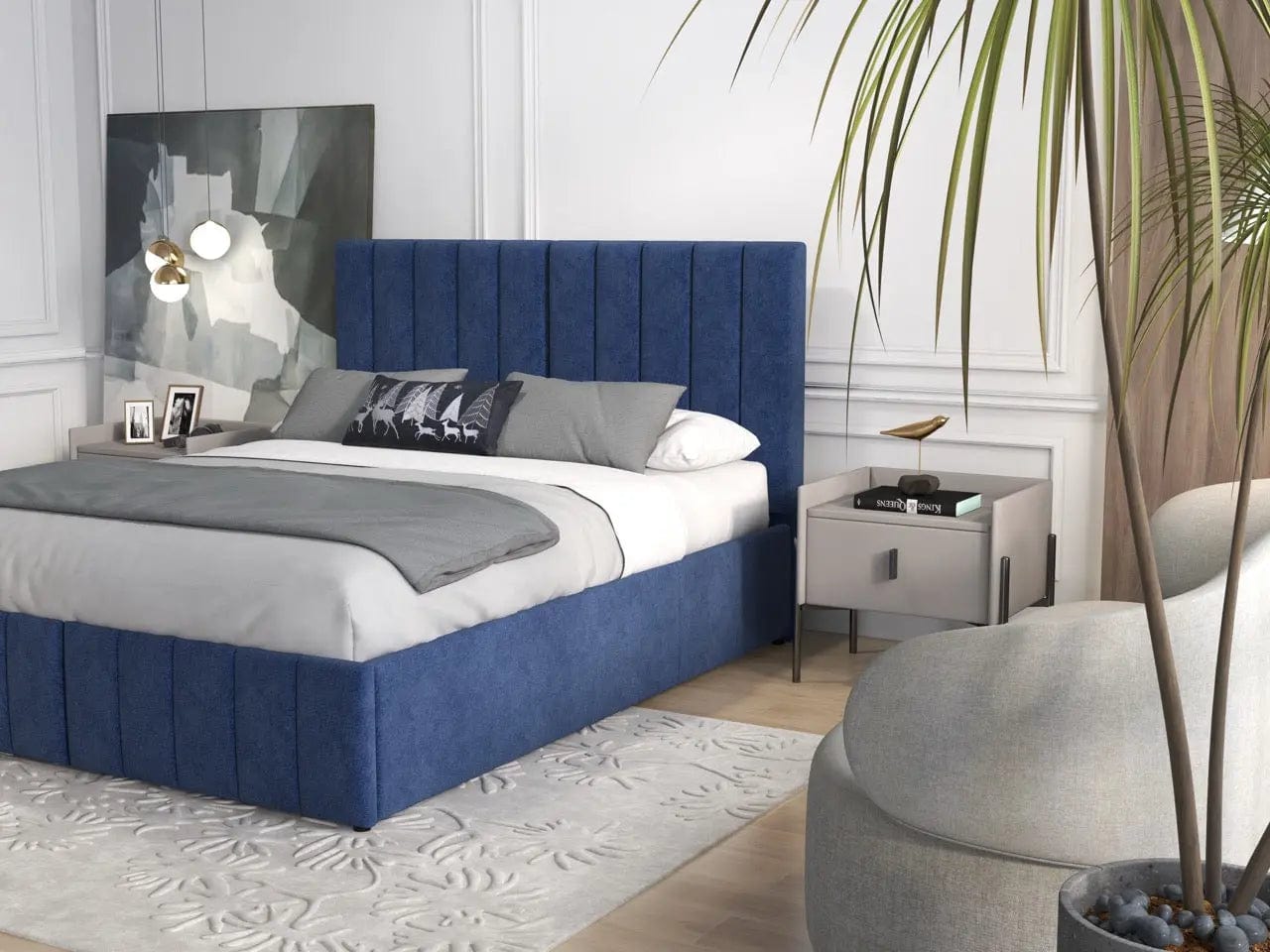 Pat dormitor dumonde, tapitat albastru, Santiago 160x200 cm, somiera rabatabila inclusa, spatiu depozitare