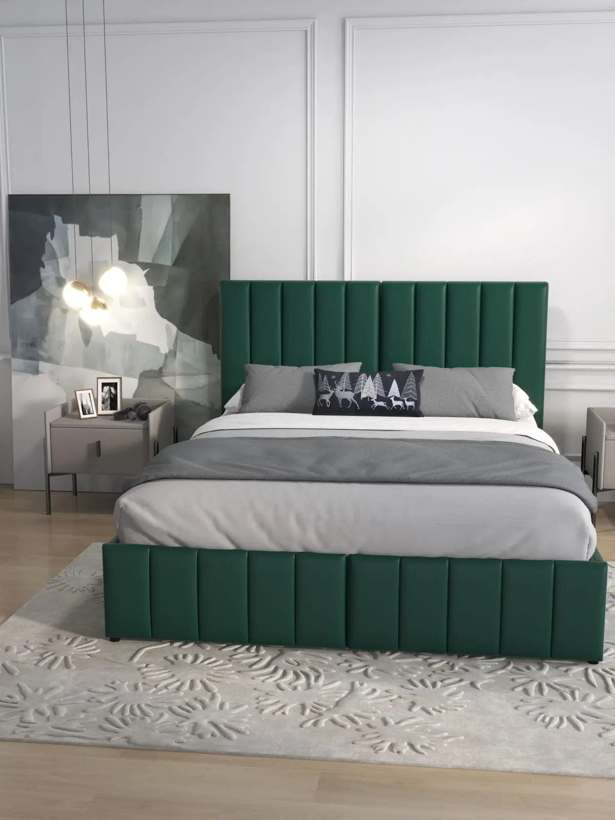 Pat dormitor dumonde, tapitat verde, Santiago 160x200 cm, somiera rabatabila inclusa, spatiu depozitare