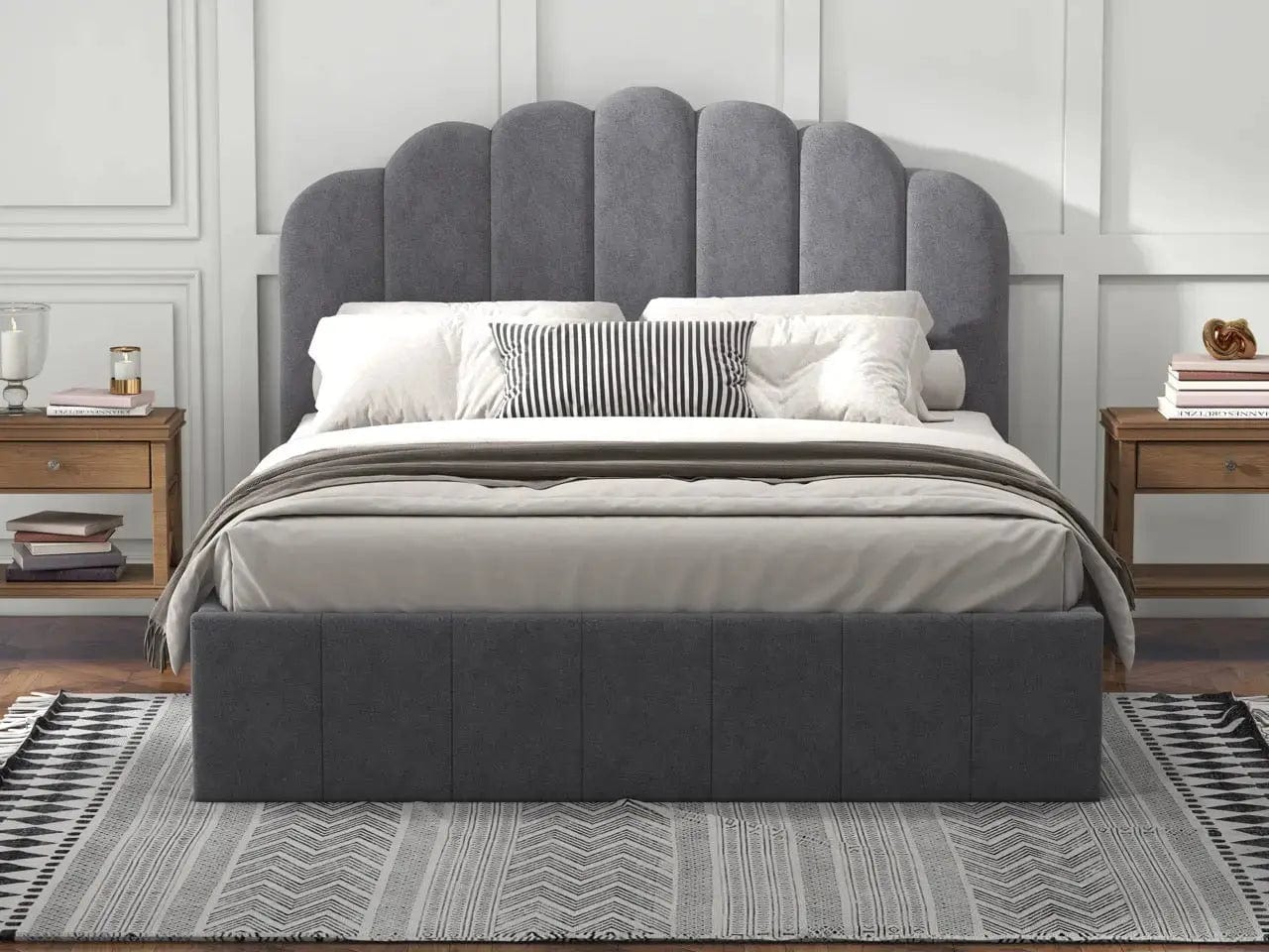 Pat dormitor dumonde, tapitat gri, Amira 180x200 cm, somiera rabatabila inclusa, spatiu depozitare