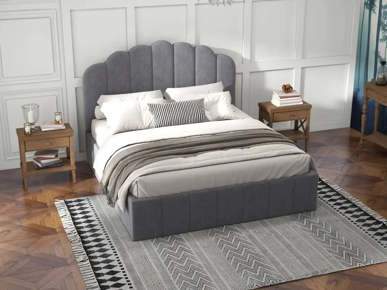 Pat dormitor dumonde, tapitat gri, Amira 180x200 cm, somiera rabatabila inclusa, spatiu depozitare