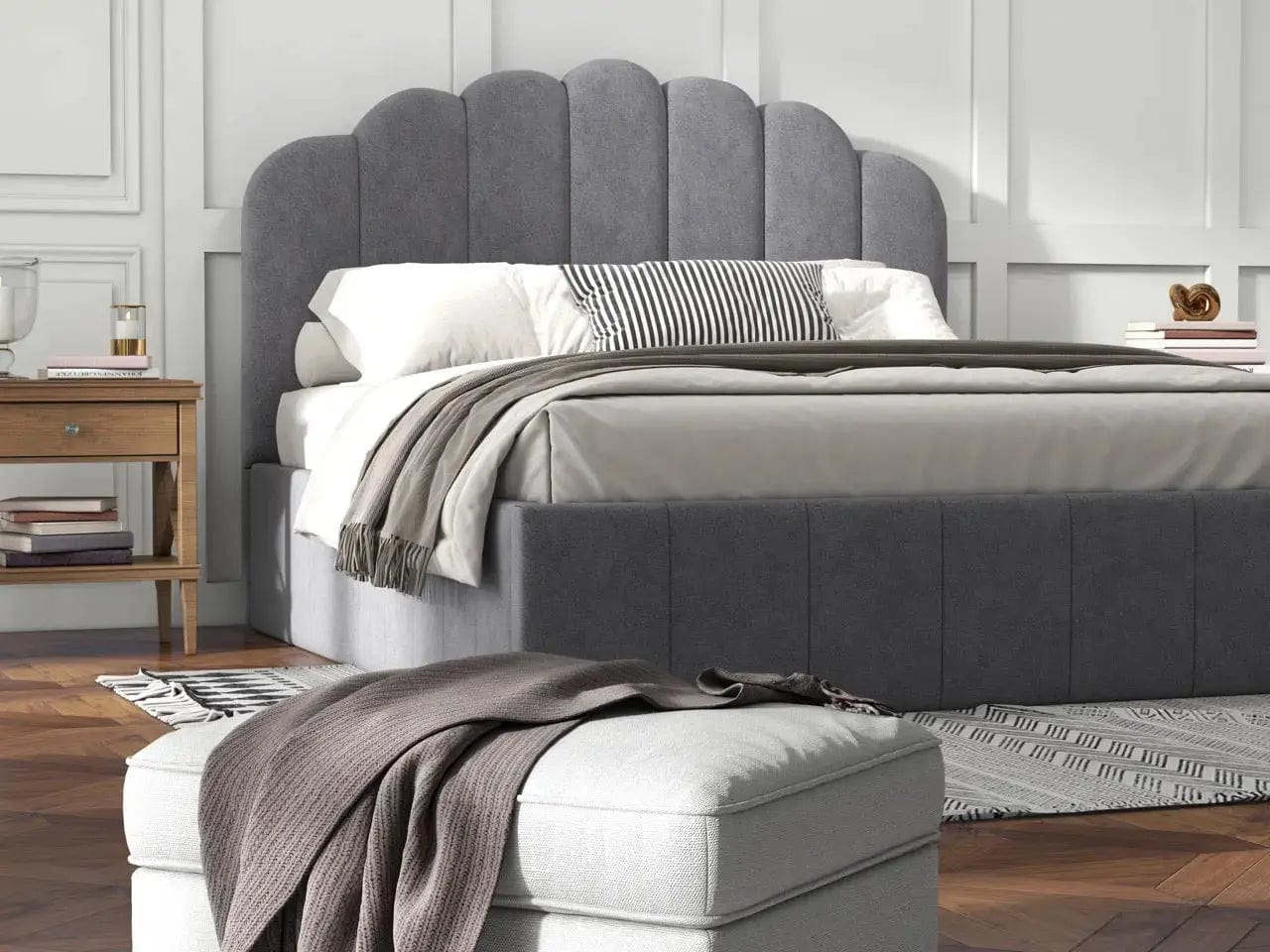 Pat dormitor dumonde, tapitat gri, Amira 180x200 cm, somiera rabatabila inclusa, spatiu depozitare