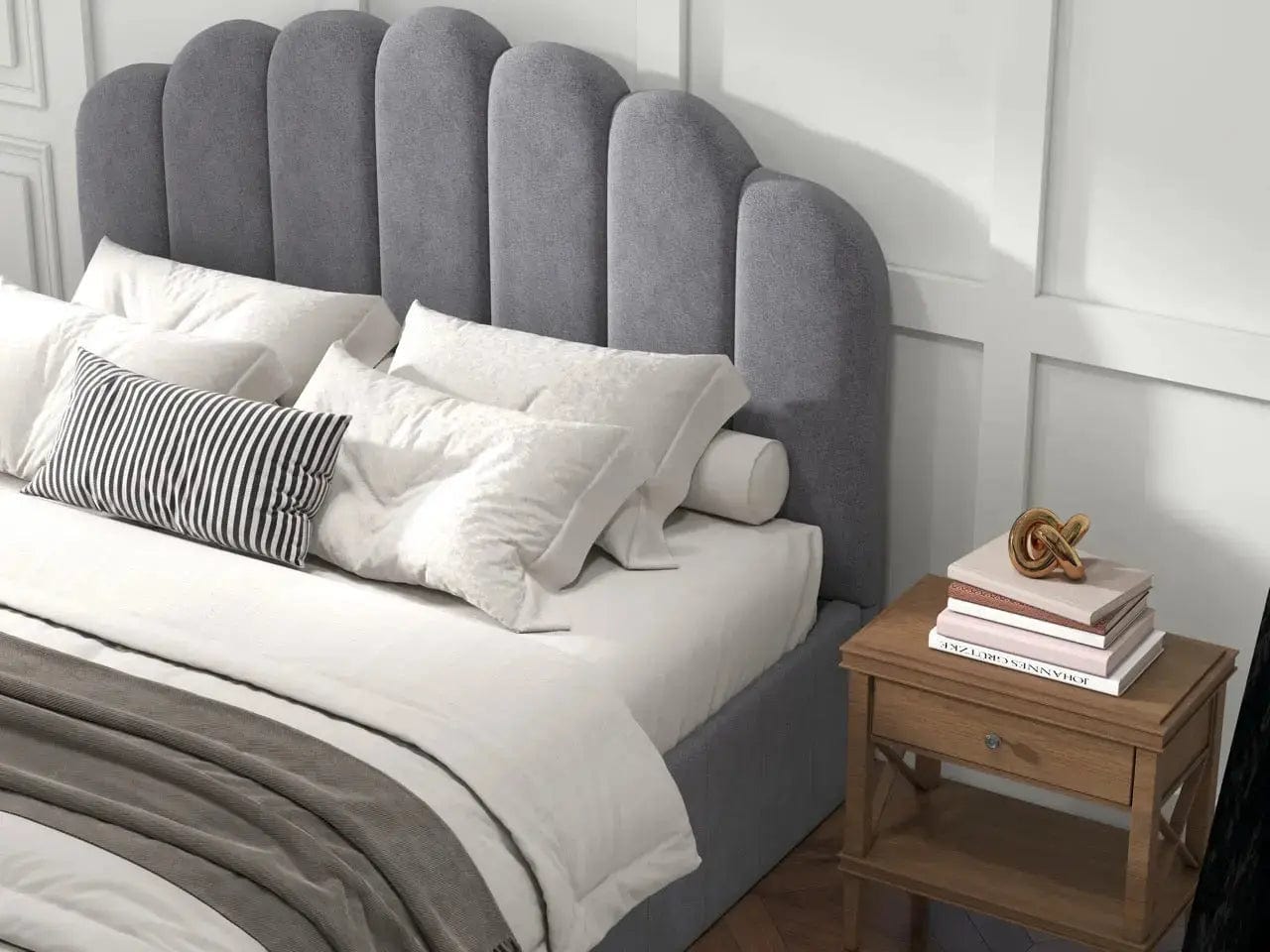 Pat dormitor dumonde, tapitat gri, Amira 180x200 cm, somiera rabatabila inclusa, spatiu depozitare