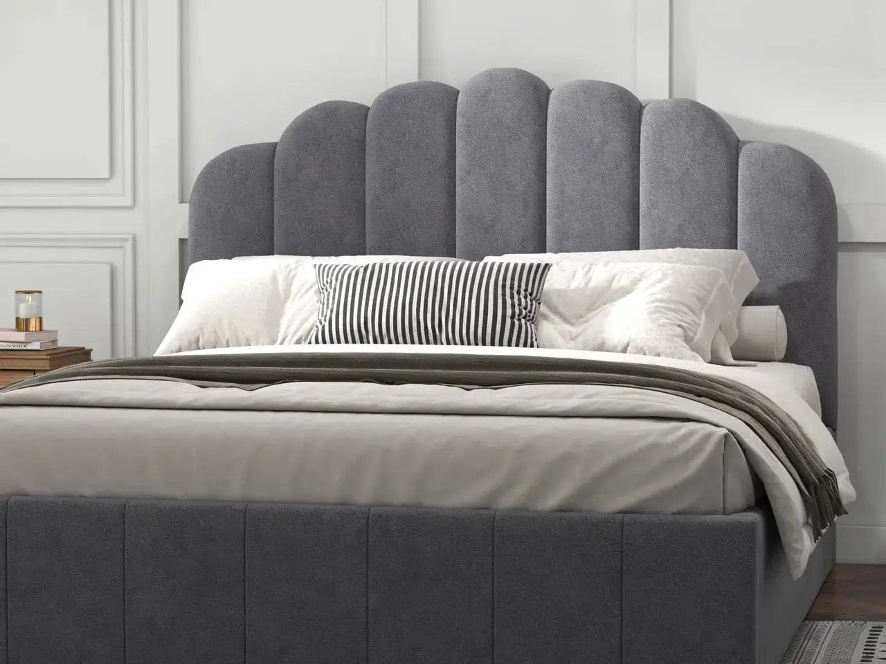 Pat dormitor dumonde, tapitat gri, Amira 180x200 cm, somiera rabatabila inclusa, spatiu depozitare