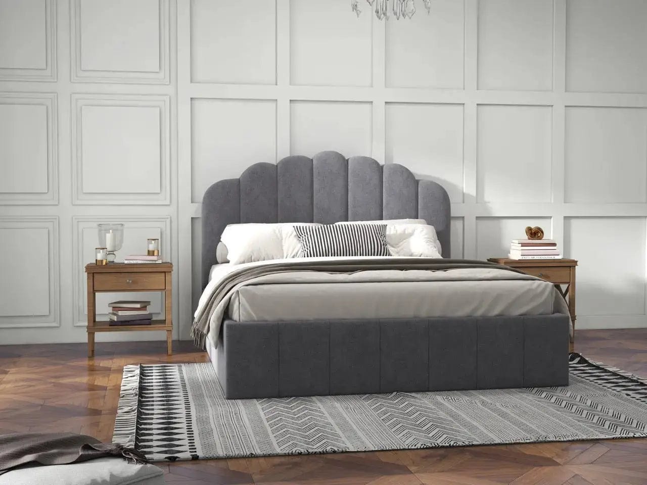 Pat dormitor dumonde, tapitat gri, Amira 180x200 cm, somiera rabatabila inclusa, spatiu depozitare