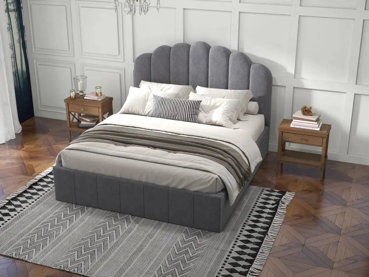Pat dormitor dumonde, tapitat gri, Amira 180x200 cm, somiera rabatabila inclusa, spatiu depozitare