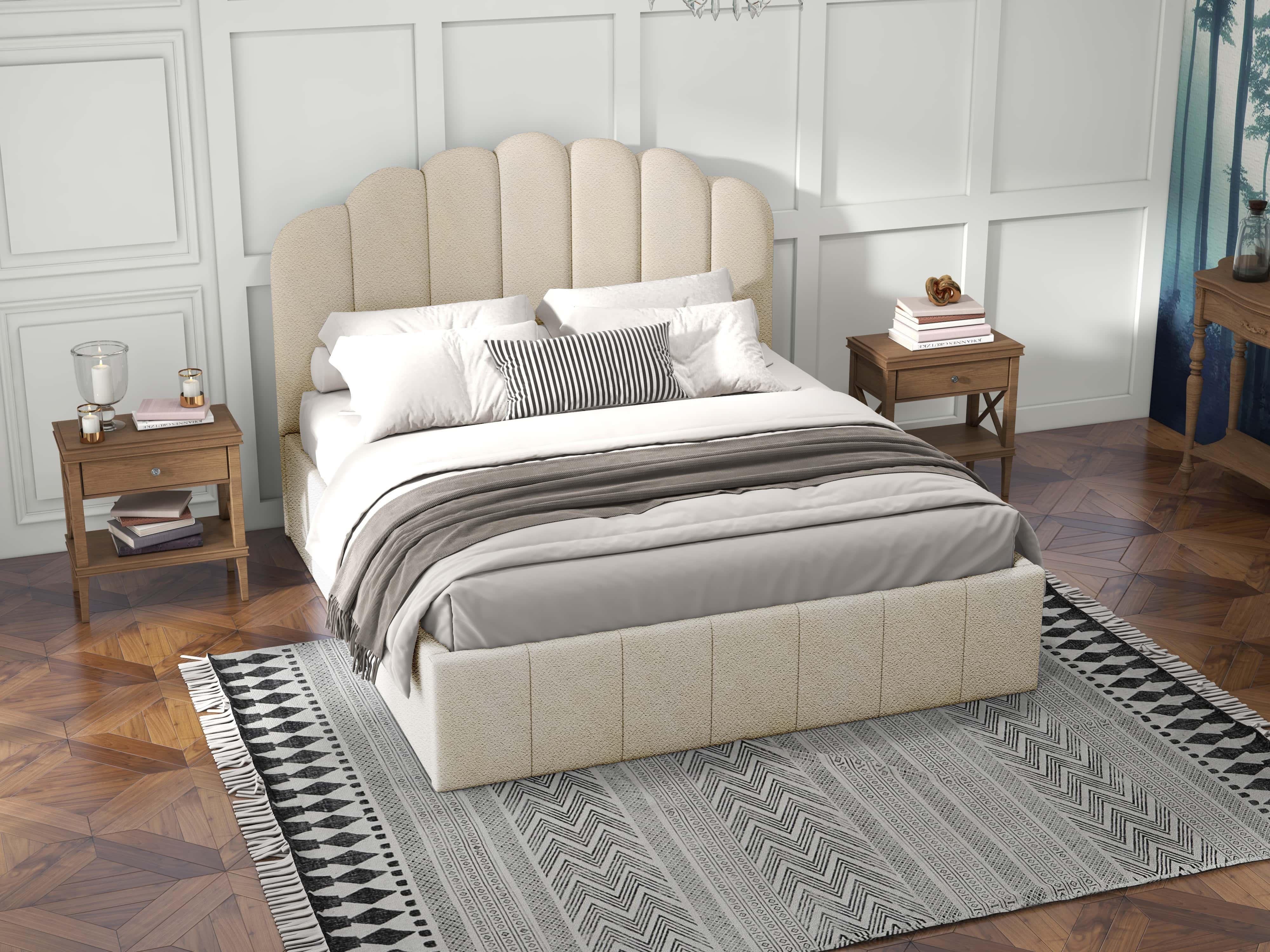 Pat dormitor dumonde, tapitat bej, Amira 140x200 cm, somiera rabatabila inclusa, spatiu depozitare WLS