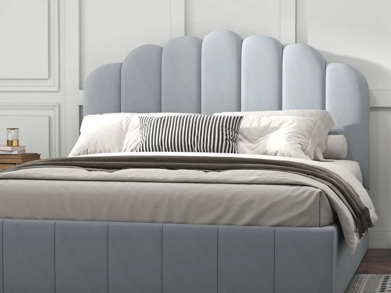 Pat dormitor dumonde, tapitat gri, Amira 180x200 cm, somiera rabatabila inclusa, spatiu depozitare