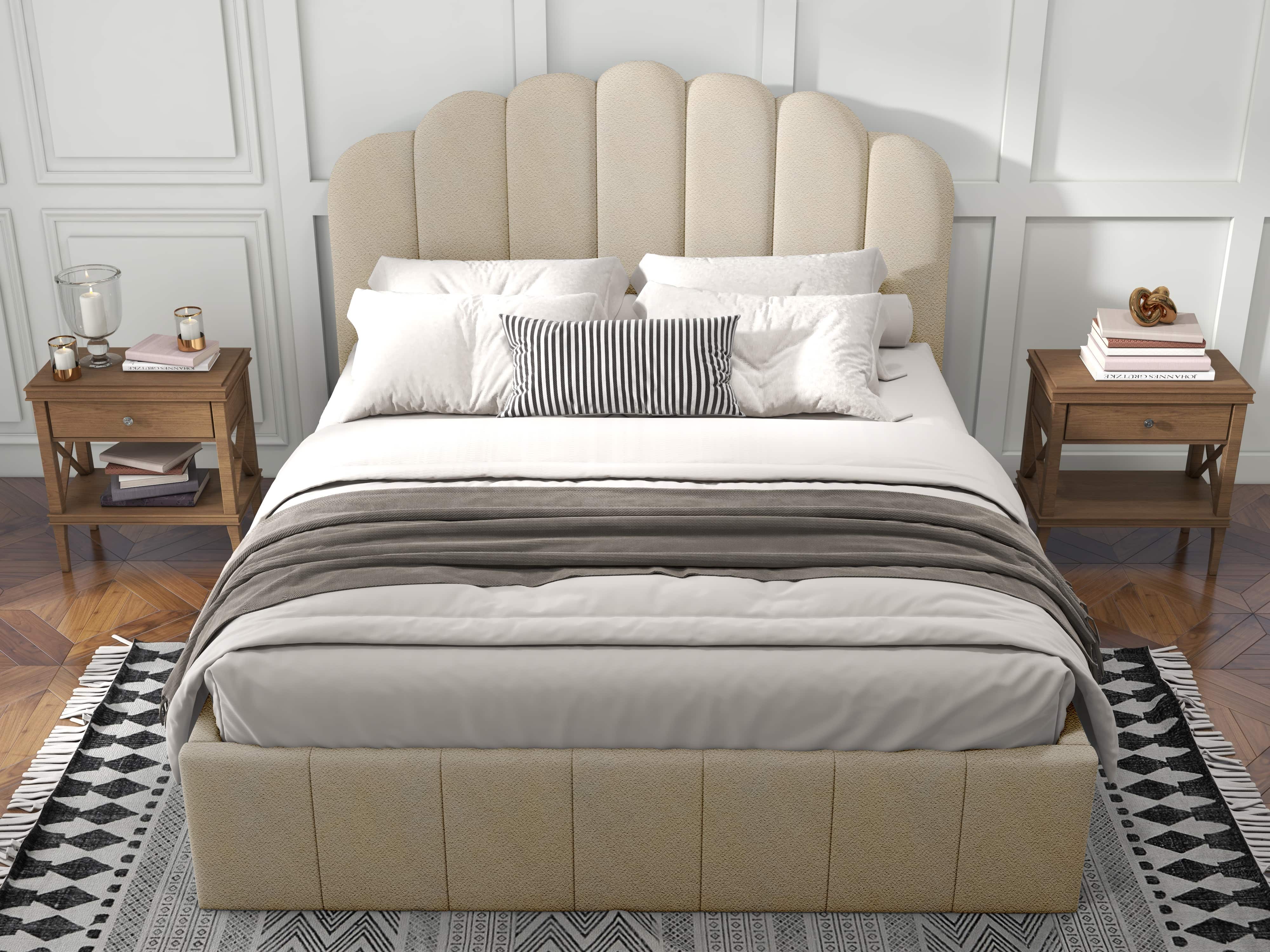 Pat dormitor dumonde, tapitat bej, Amira 140x200 cm, somiera rabatabila inclusa, spatiu depozitare WLS