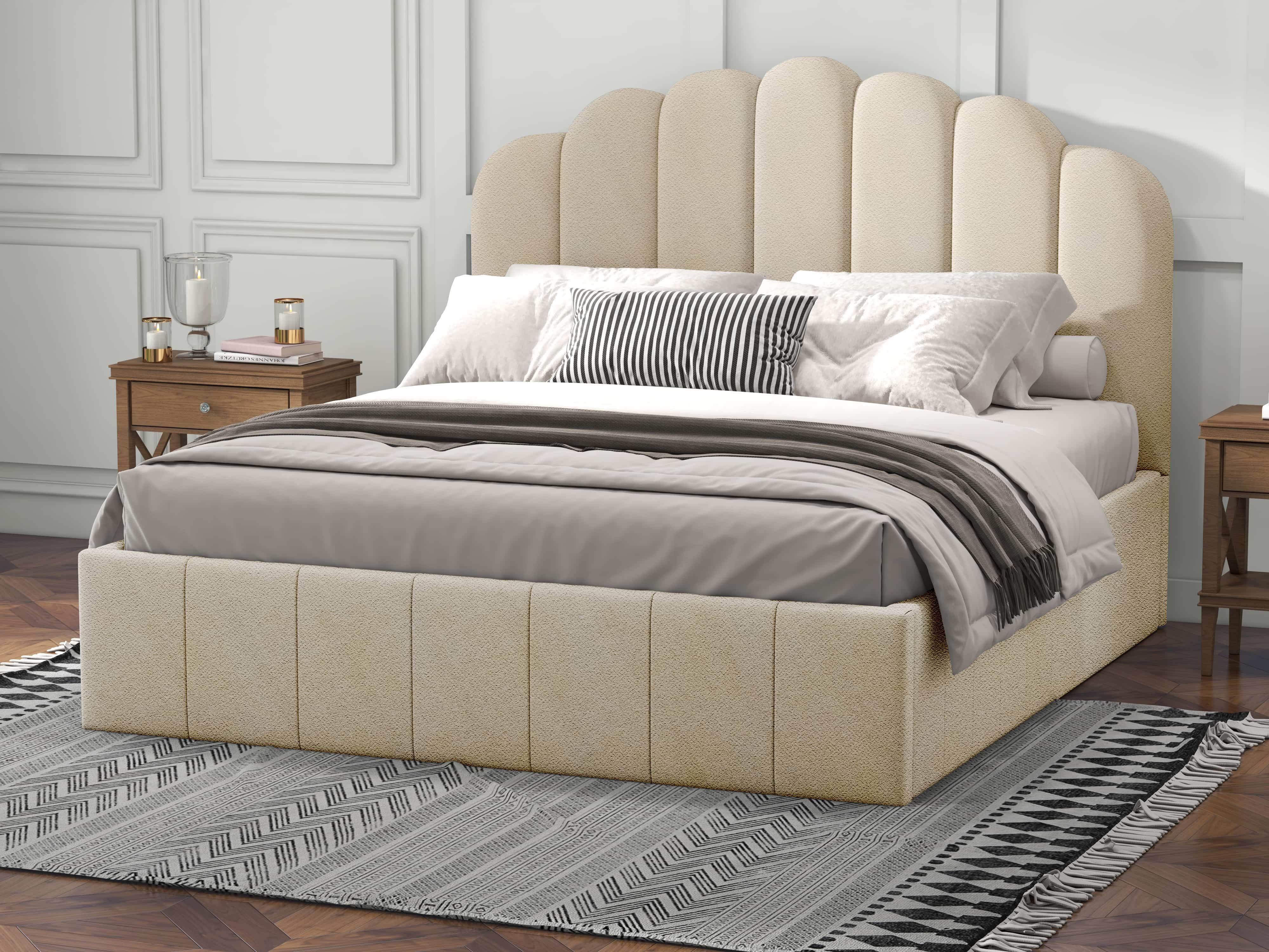 Pat dormitor dumonde, tapitat bej, Amira 140x200 cm, somiera rabatabila inclusa, spatiu depozitare WLS