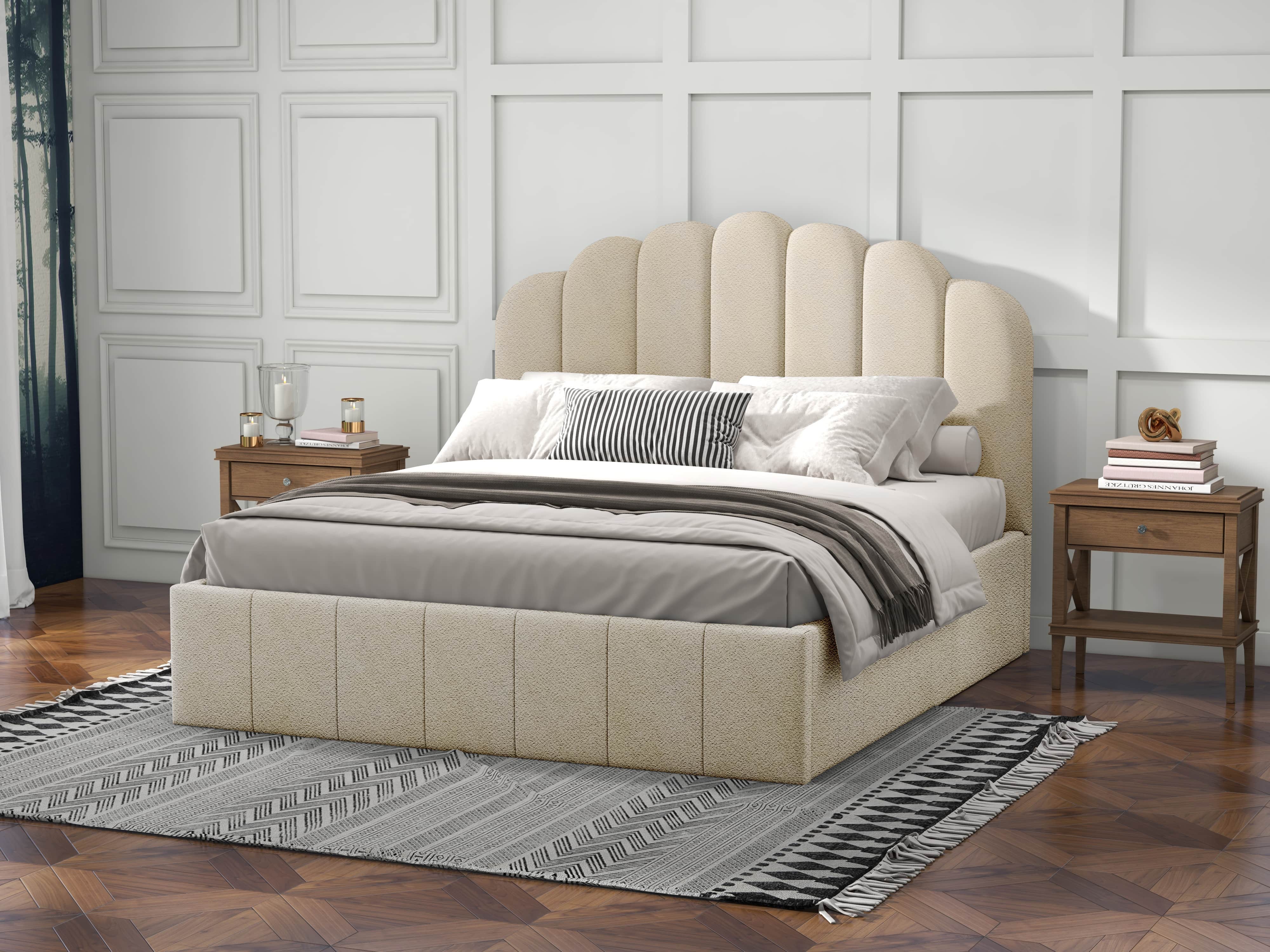 Pat dormitor dumonde, tapitat bej, Amira 140x200 cm, somiera rabatabila inclusa, spatiu depozitare WLS