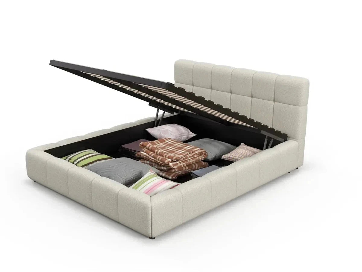 Pat dormitor dumonde, tapitat gri, Lorenzo 180x200 cm, somiera rabatabila inclusa, spatiu depozitare WLS