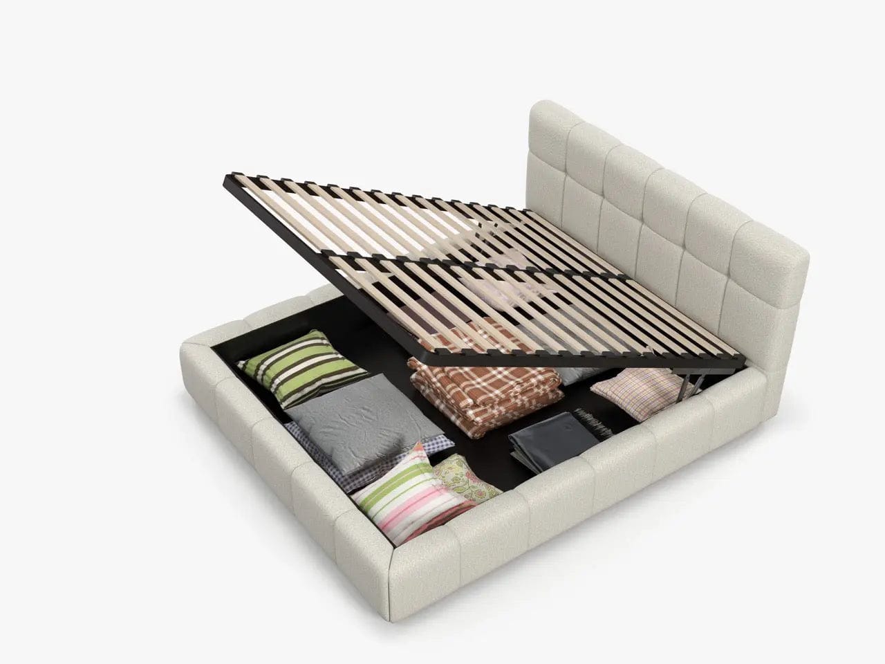 Pat dormitor dumonde, tapitat bej, Lorenzo 180x200 cm, somiera rabatabila inclusa, spatiu depozitare WLS